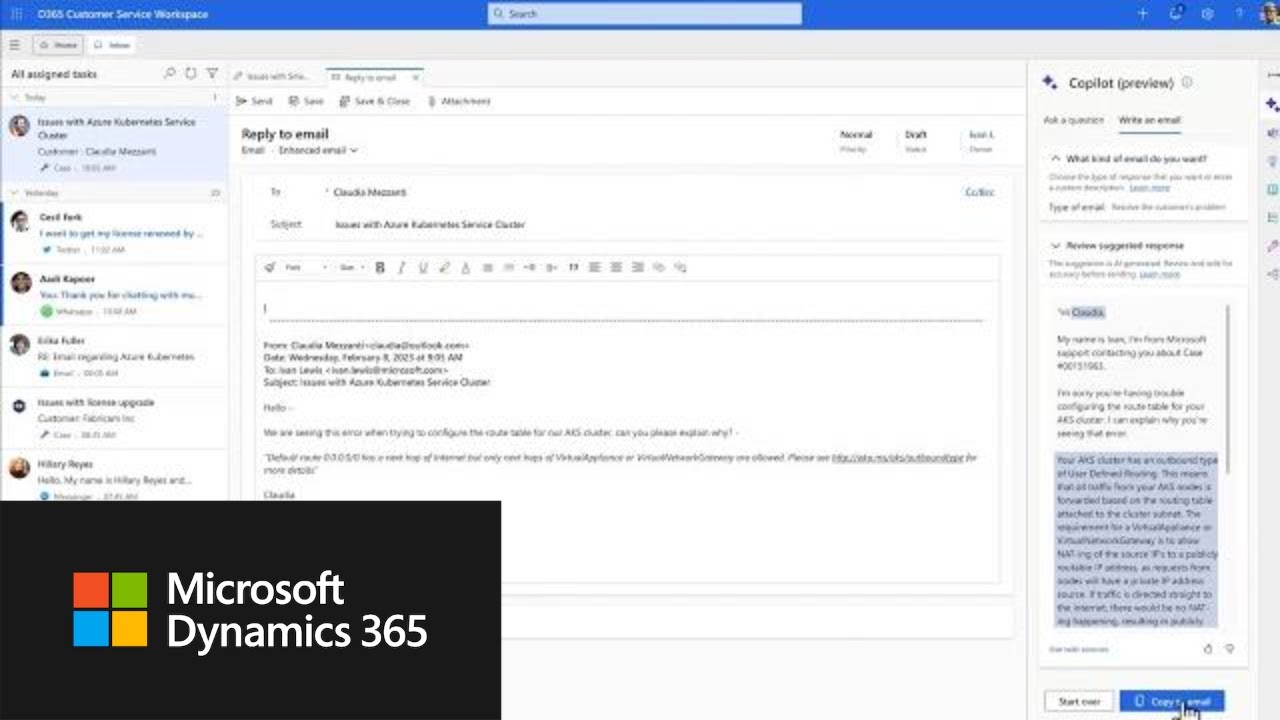 Copilot in Microsoft Dynamics 365 Customer Service | Example with email communication