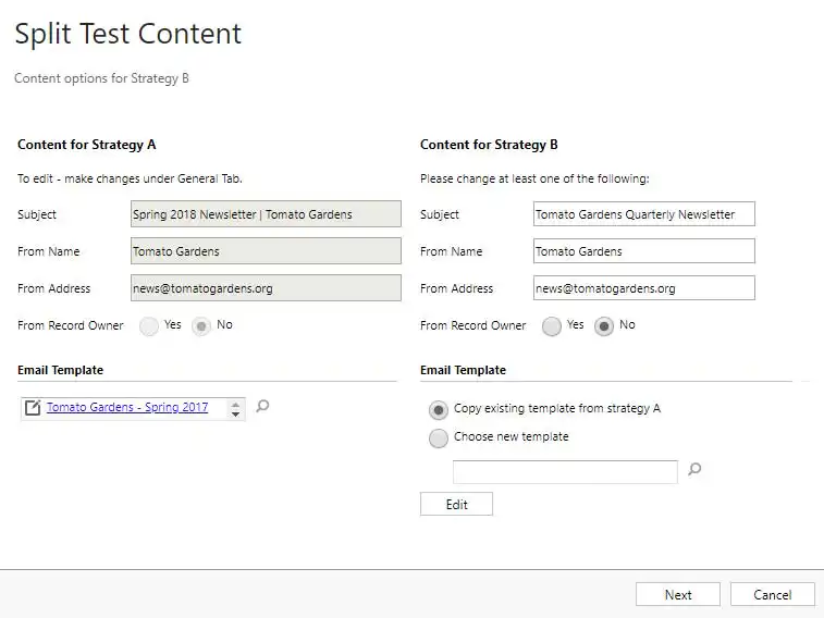 Net IT CRM Blog: ClickDimensions AB testing - Screenshot split test settings