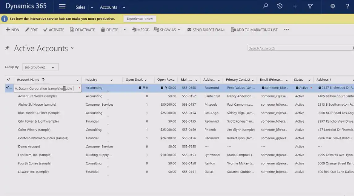 Microsoft Dynamics 365: screenshot Editable Grid
