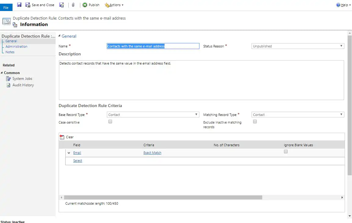Net IT CRM Blog: Duplicatendetectie van Dynamics 365 - Bestaande regel inschakelen - stap 4 screenshot Rule Contacts same email address