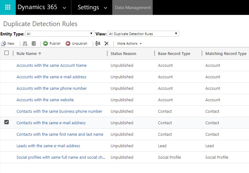 Net IT CRM Blog: Duplicatendetectie van Dynamics 365 - Bestaande regel inschakelen - stap 4 screenshot Select Contacts same email address