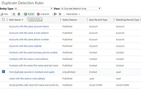 Net IT CRM Blog: Duplicatendetectie van Dynamics 365 - Nieuwe regel inschakelen - stap 11 screenshot Select New Duplicate Detection Rule