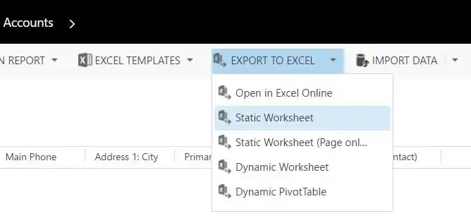Screenshot Dynamics 365 Export to Excel