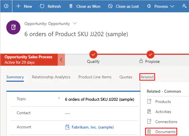Screenshot Dynamics 365 open documents tab in form