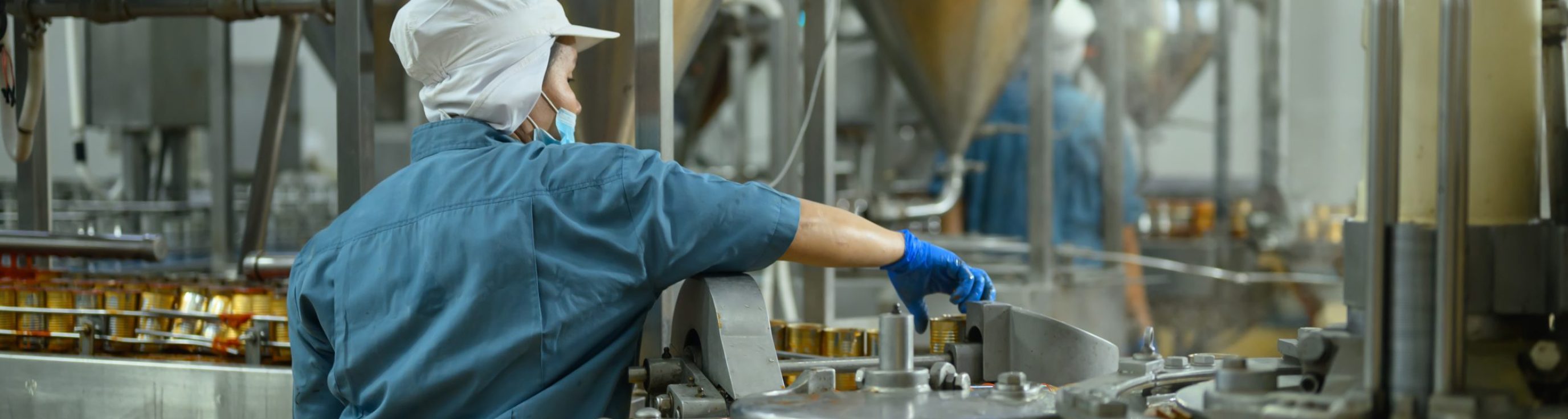 Factory employee wearing protective clothes managing canning process in factory.