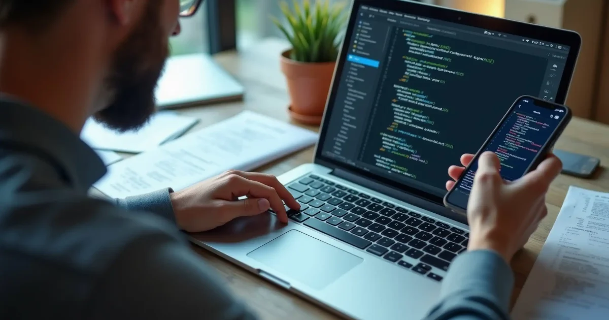 The image shows a man sitting at a desk with a laptop and a smartphone in front of him. He is working on a code on the laptop screen. The laptop is open and the screen is displaying a code snippet.