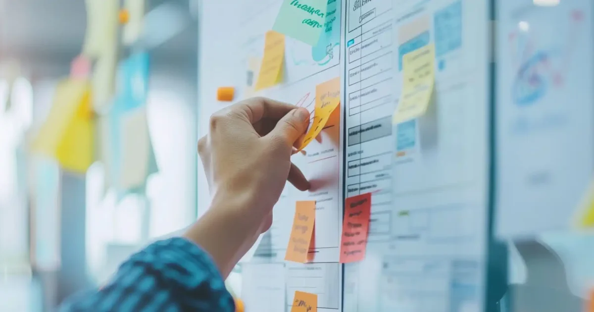 Manager utilizing agile methodology and kanban board to analyze data and strategize for business in the office - AI generated