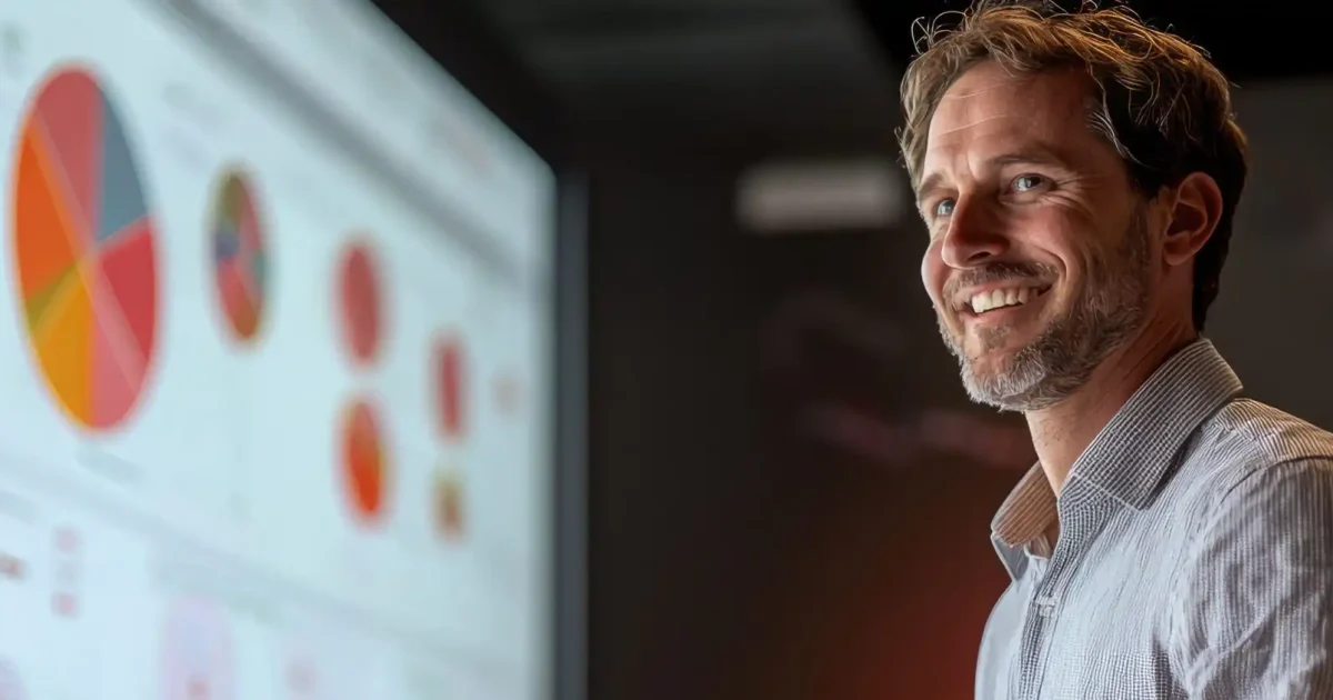 Confident young caucasian man presenting data analytics in modern office meeting with interactive graphs and charts on screen.