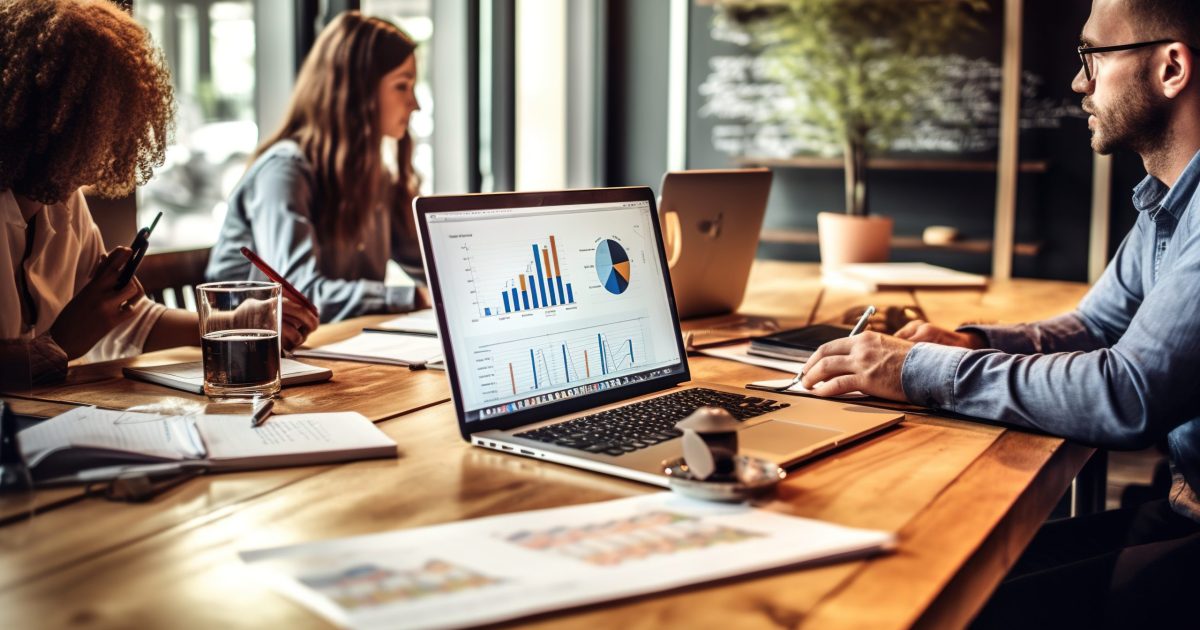 Analysts in the workplace are studying financial data for marketing strategy at the workspace, and there is a stack of BI dashboard paper format with graphs and charts, generative ai