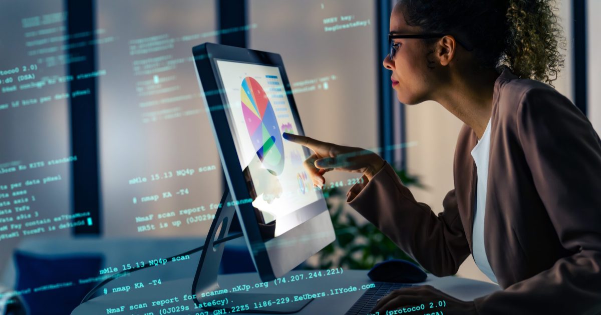 Black,Woman,Working,In,Office,And,Digital,Data,Concept.,System